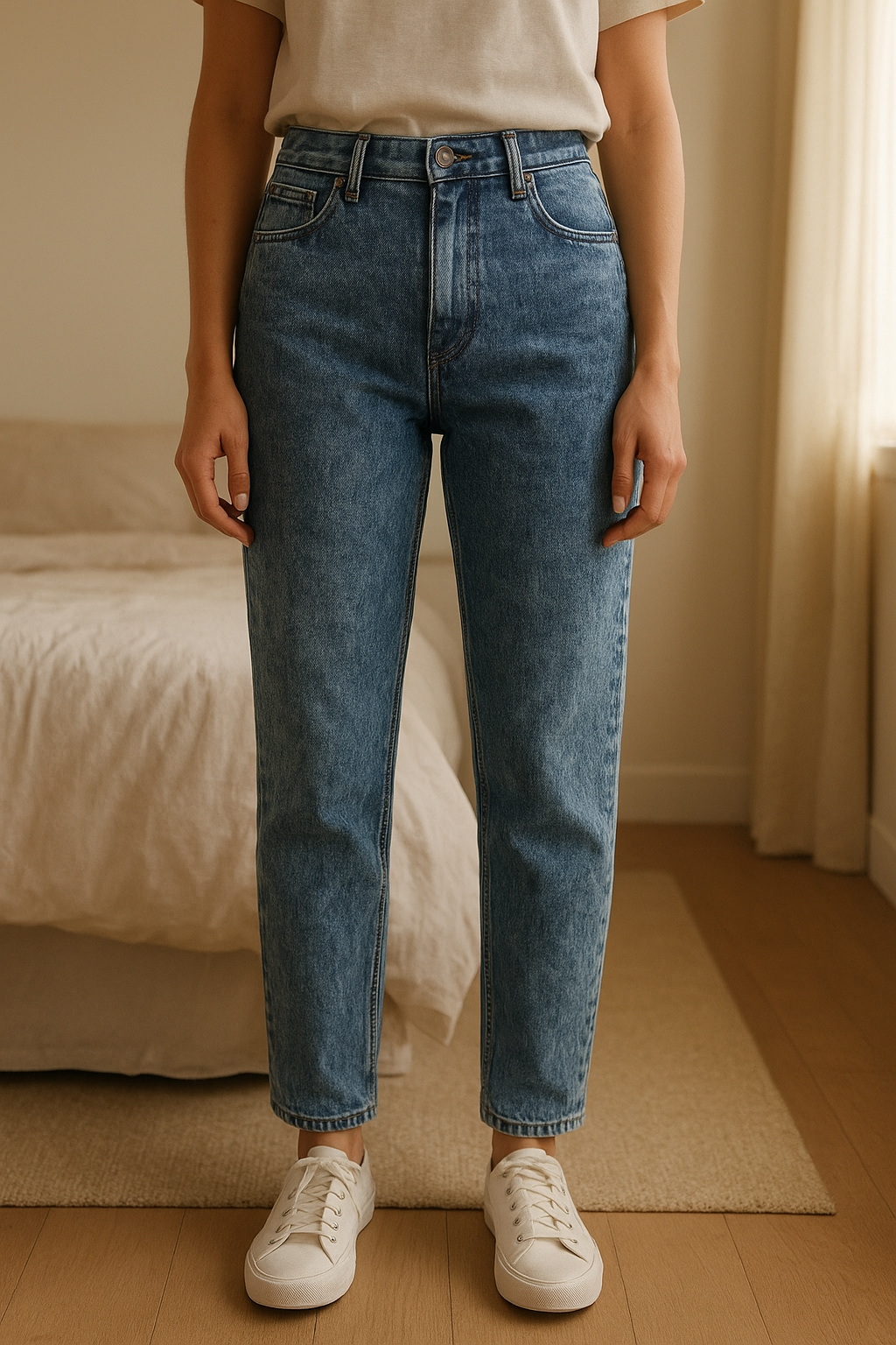 Pantalon slim Bershka taille 36 debout, face à la caméra, dans une chambre à la lumière douce, avec une lumière naturelle filtrant par la fenêtre.