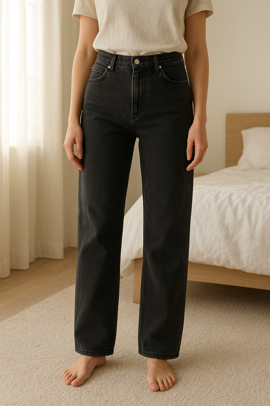 Jean mom gris anthracite de la marque Mango– Taille 44 – Excellent état debout, face à la caméra, dans une chambre à la lumière douce, avec une lumière naturelle filtrant par la fenêtre.