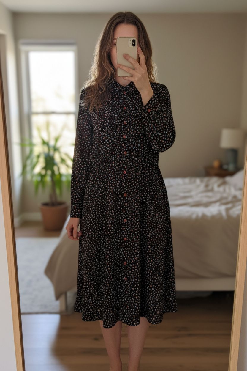 Robe danab debout, face à la caméra, dans une chambre à la lumière douce, avec une lumière naturelle filtrant par la fenêtre.