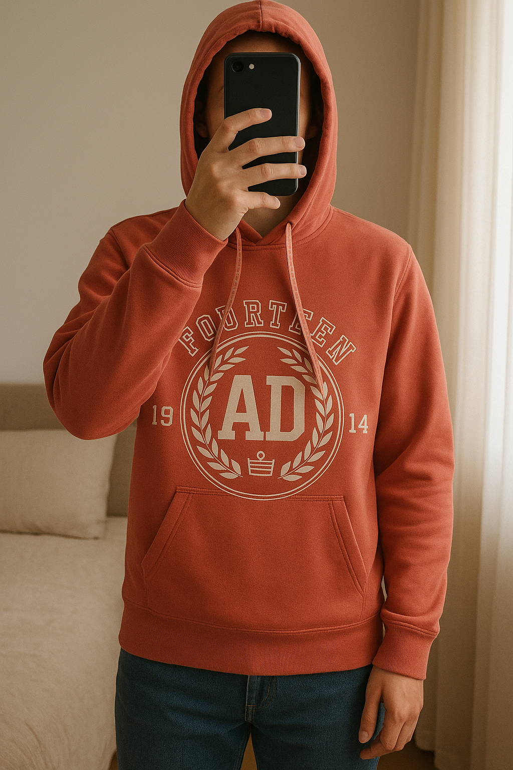 Felpa rosa della Admiral con cappuccio in piedi, rivolto verso la fotocamera, in una camera da letto con luce soffusa e luce naturale che filtra dalla finestra.