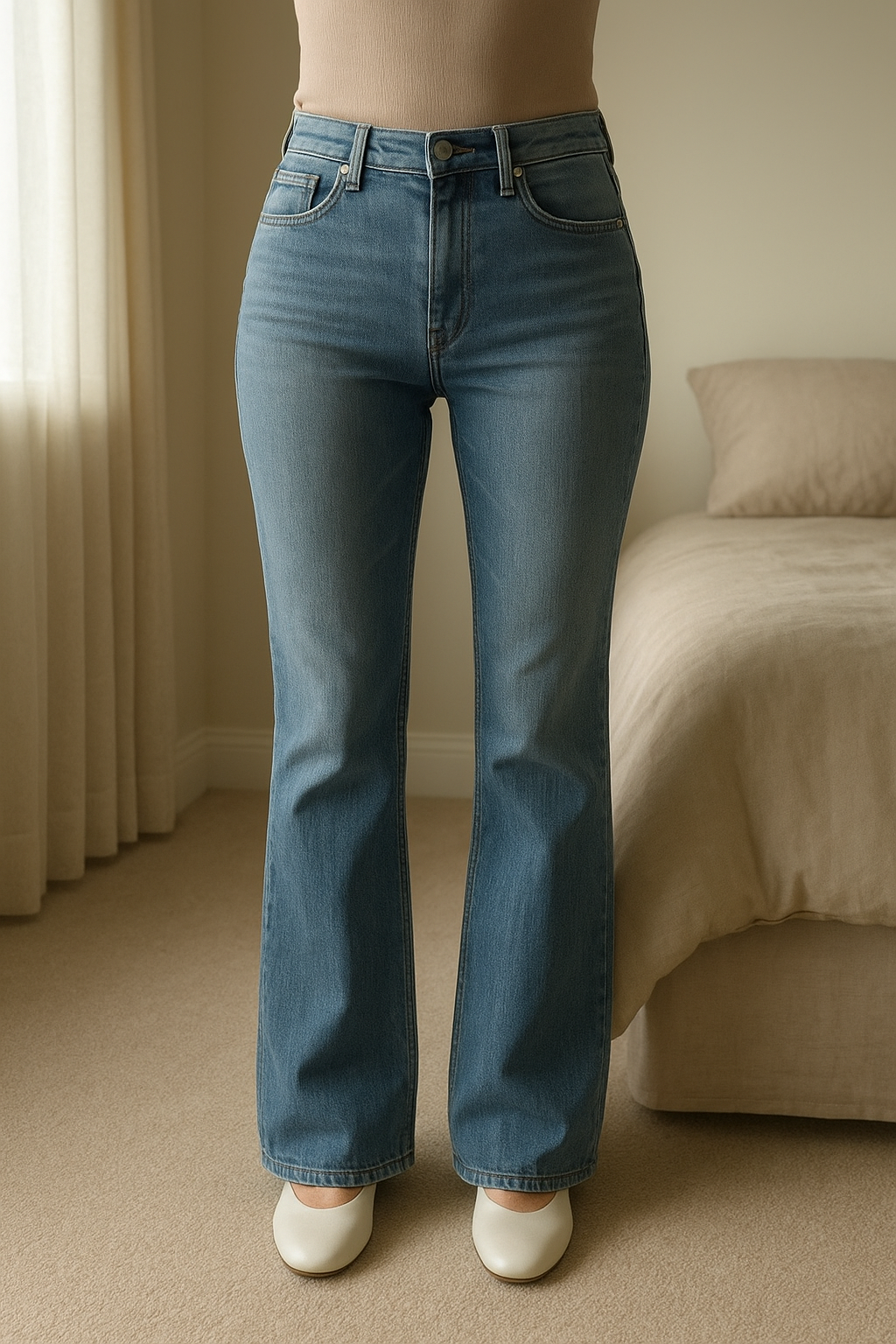 Y2K bootcut flared low rise jeans 27” waist standing straight facing the camera, in a softly lit bedroom setting, with gentle natural light filtering through a window.