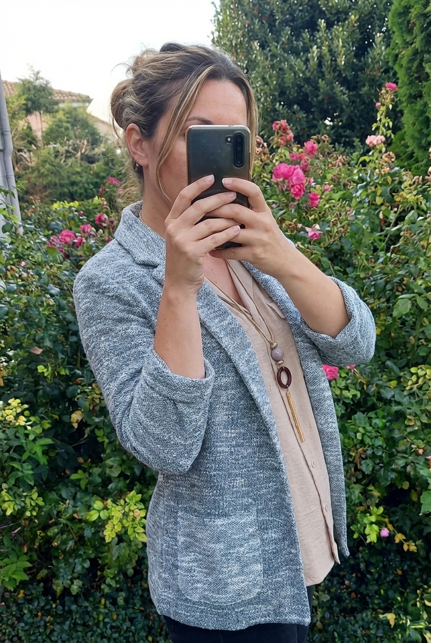 Une personne en Magnifique blazer gris chiné – chic et intemporel cambrant légèrement le dos pour une pose dynamique, en extérieur, dans un cadre naturel entouré de verdure et de lumière douce.