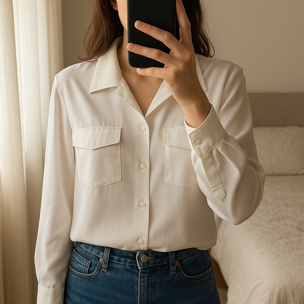 Chemise debout, face à la caméra, dans une chambre à la lumière douce, avec une lumière naturelle filtrant par la fenêtre.