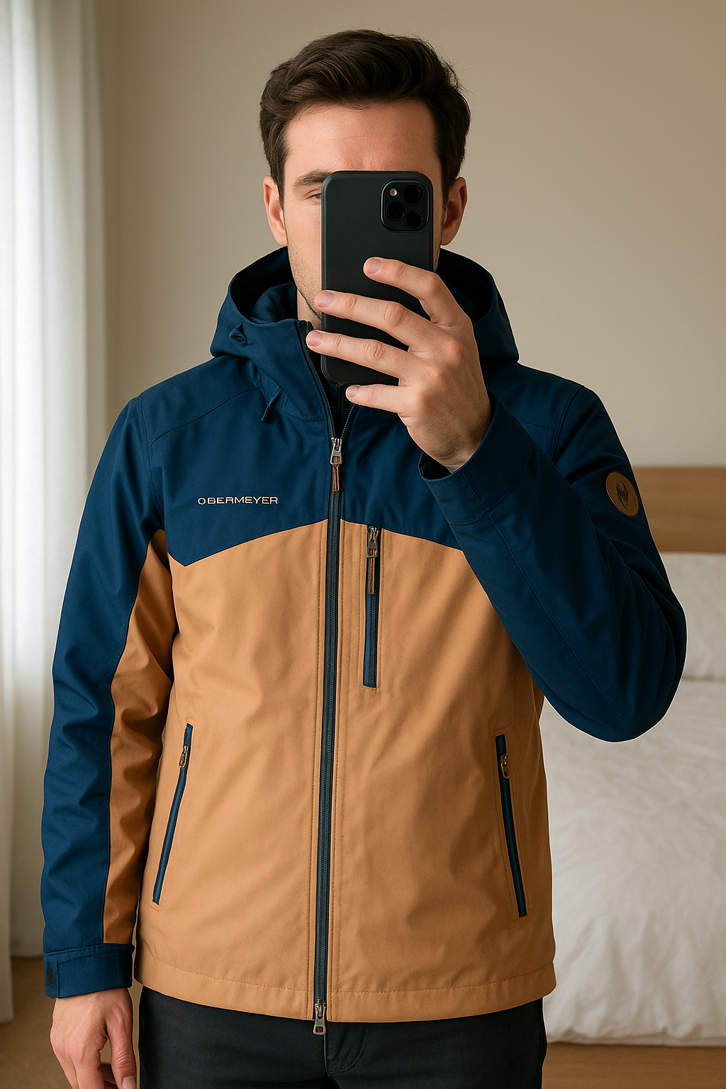 Obermeyer veste de ski debout, face à la caméra, dans une chambre à la lumière douce, avec une lumière naturelle filtrant par la fenêtre.