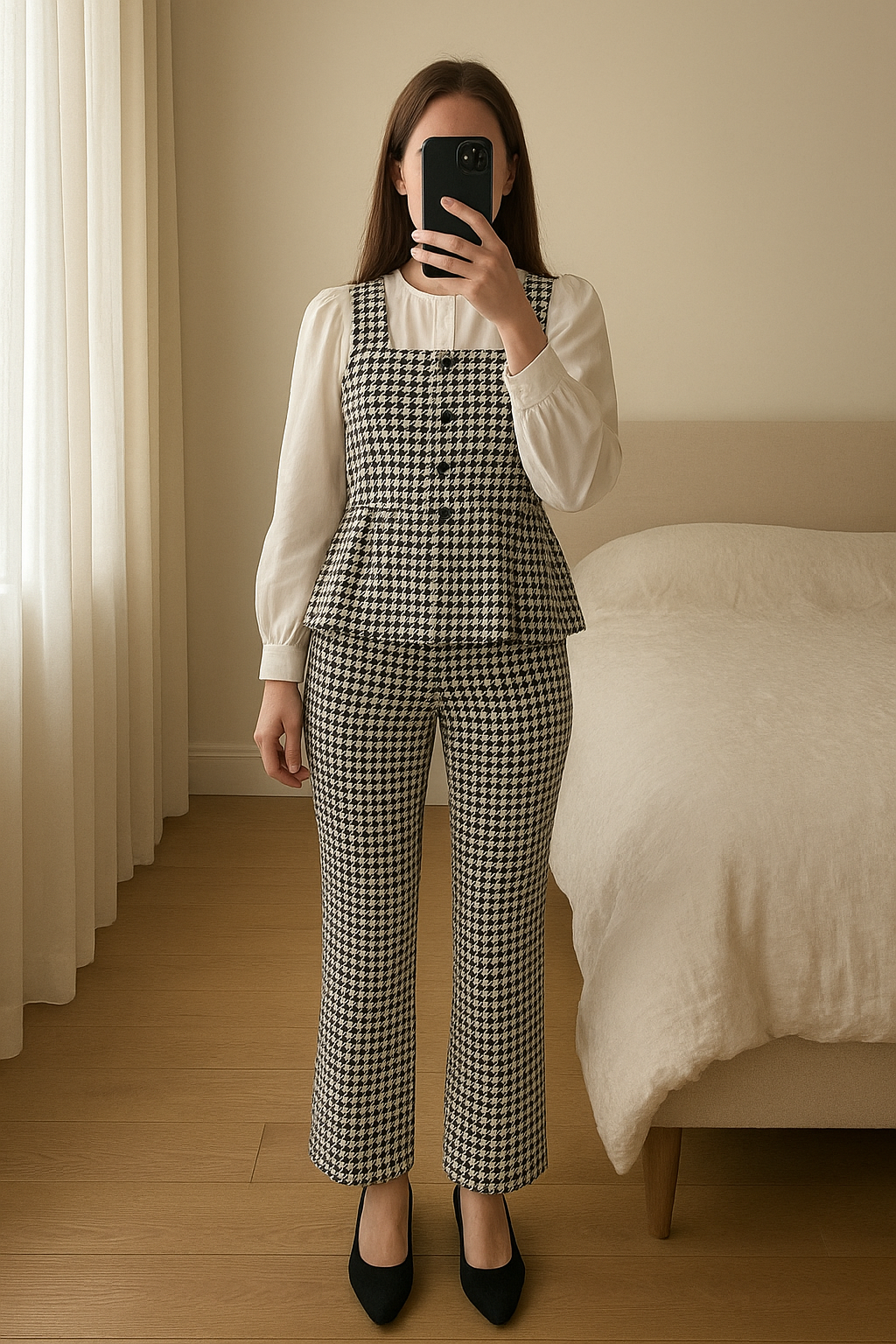 Completo bambina pie de poule in piedi, rivolto verso la fotocamera, in una camera da letto con luce soffusa e luce naturale che filtra dalla finestra.