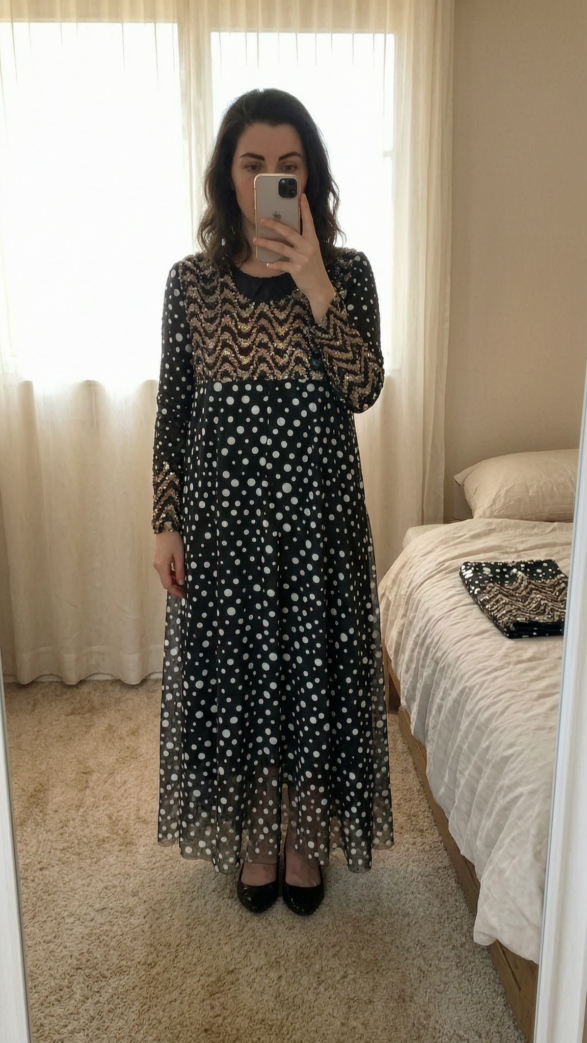 📦Fast Postage 📦 Tulle Silk Sparkly Long Dress Plus Size 24 standing straight facing the camera, in a softly lit bedroom setting, with gentle natural light filtering through a window.