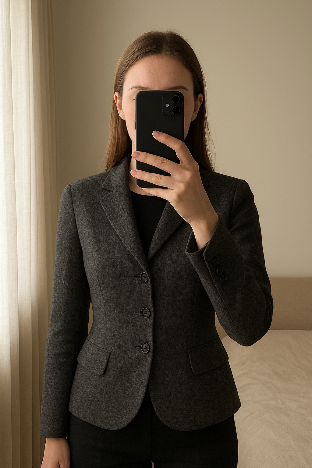 Wollen vest in visgraad - Tommy Hilfiger - maat XS - als nieuw debout, face à la caméra, dans une chambre à la lumière douce, avec une lumière naturelle filtrant par la fenêtre.