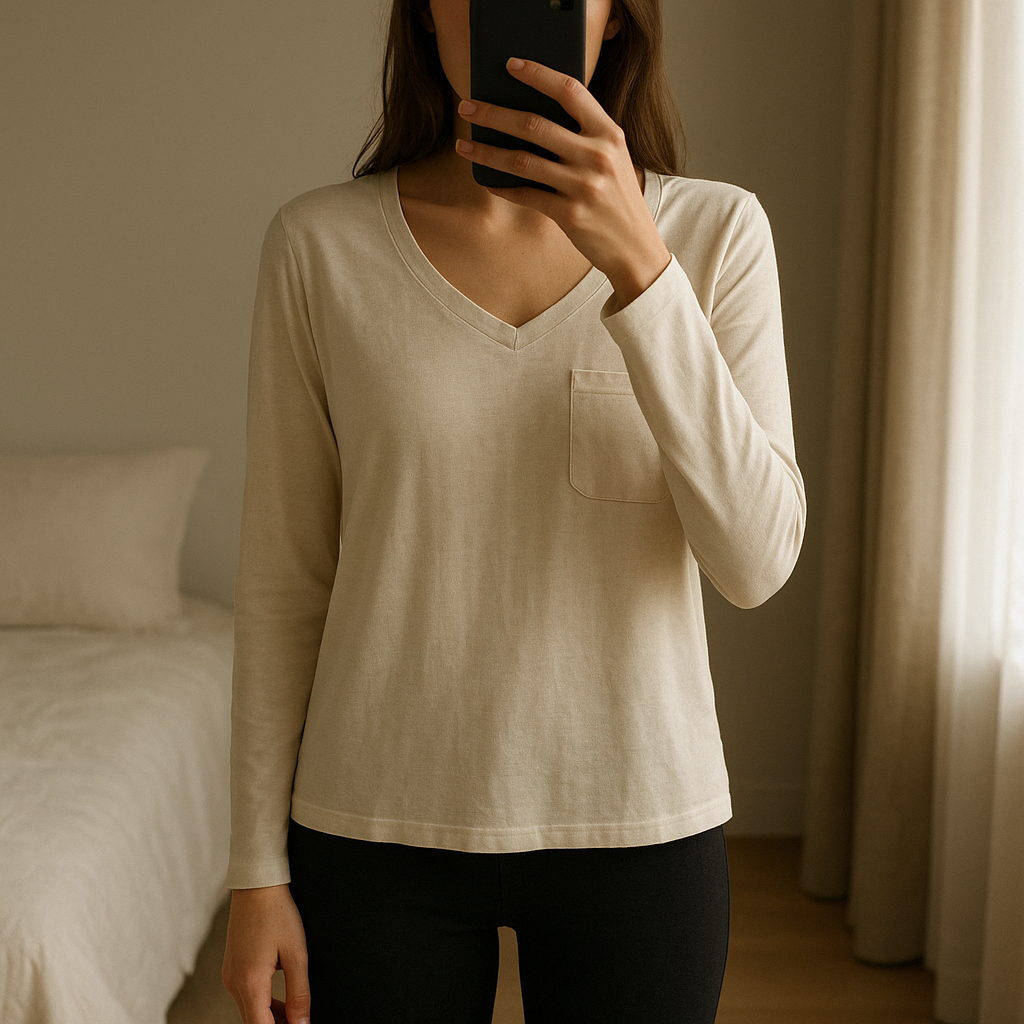 Langarmshirt mit V-Ausschnitt und Brusttasche – Größe M aufrecht stehend, der Kamera zugewandt, in einem sanft beleuchteten Schlafzimmer, mit natürlichem Licht, das durch ein Fenster fällt.