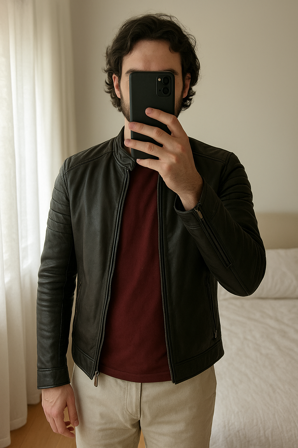 Cuir Schott LCJOE debout, face à la caméra, dans une chambre à la lumière douce, avec une lumière naturelle filtrant par la fenêtre.