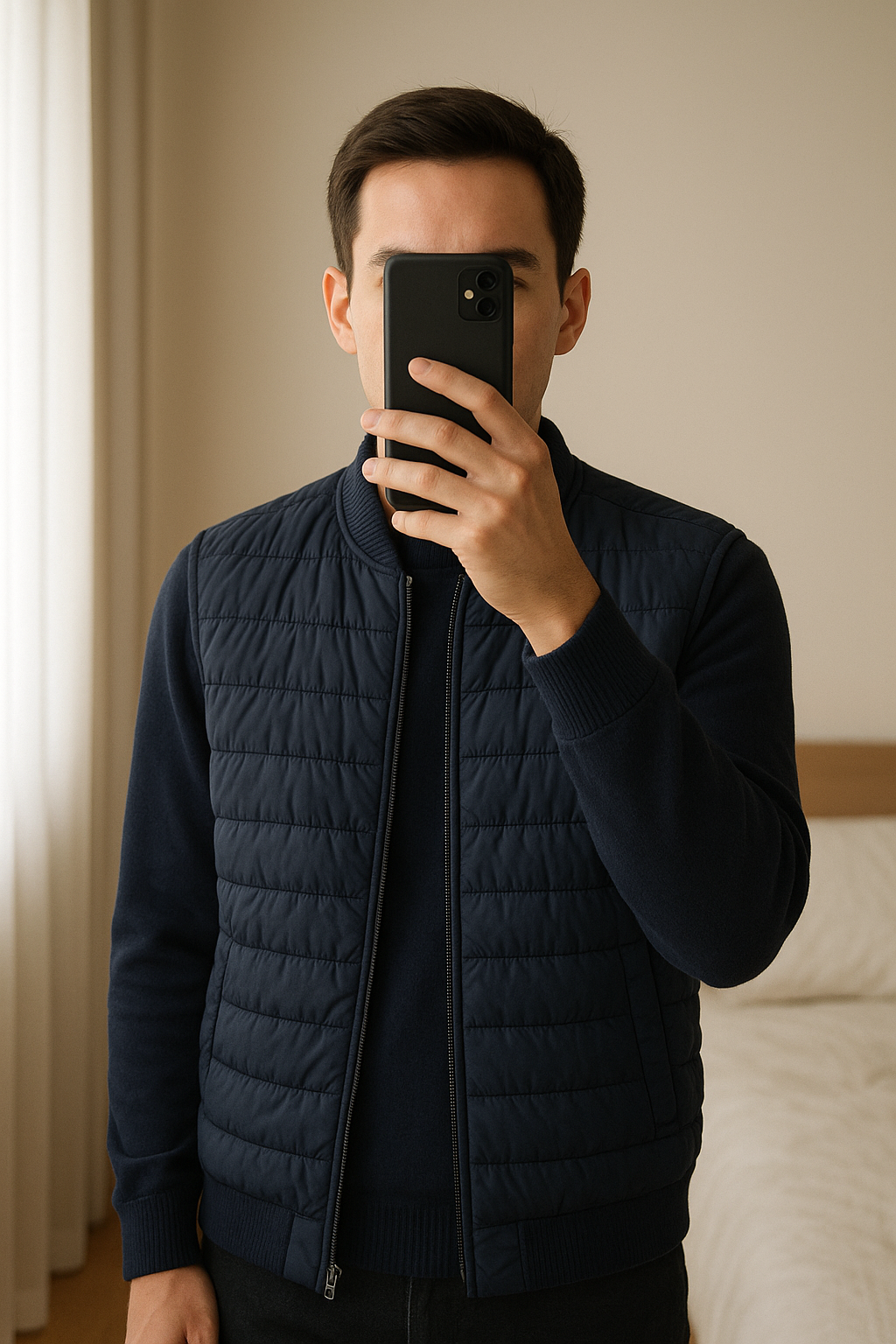 Vestă Zara standing straight facing the camera, in a softly lit bedroom setting, with gentle natural light filtering through a window.