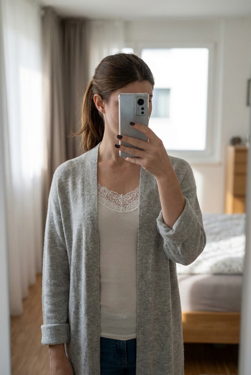 Long-Cardigan aufrecht stehend, der Kamera zugewandt, in einem sanft beleuchteten Schlafzimmer, mit natürlichem Licht, das durch ein Fenster fällt.