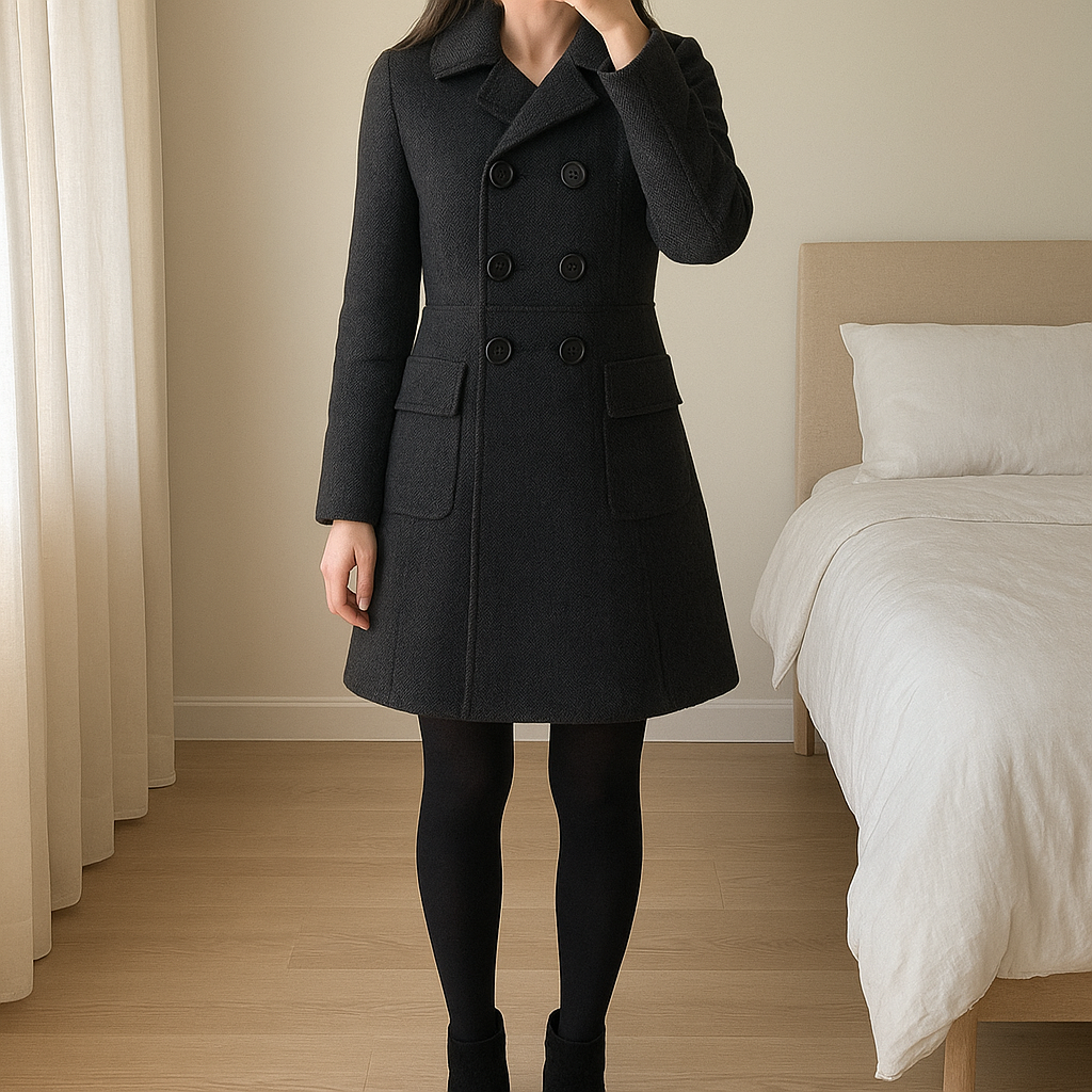 Manteau long femme taille S Marque sandro debout, face à la caméra, dans une chambre à la lumière douce, avec une lumière naturelle filtrant par la fenêtre.