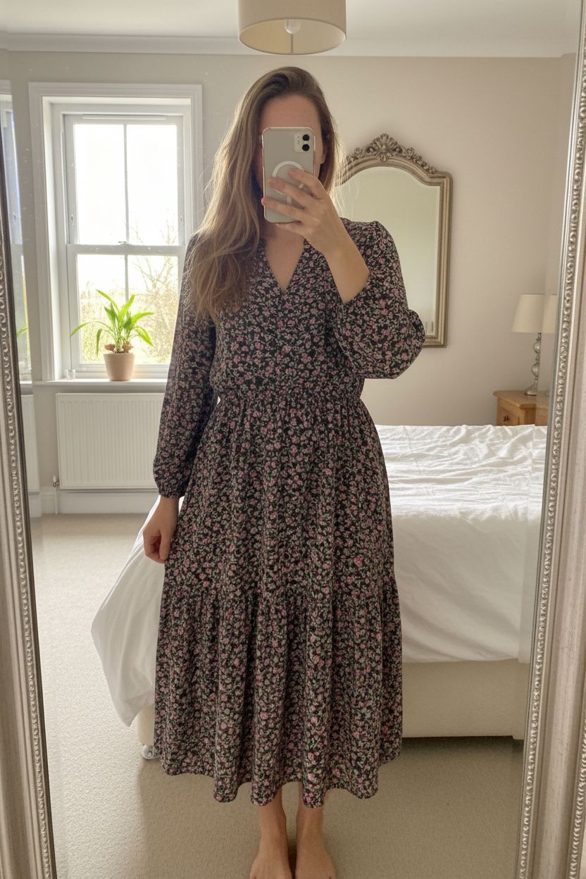 M&S Petite Floral Midi Dress Black Green+ Pink Long Sleeve Boho UK14 Cottagecore standing straight facing the camera, in a softly lit bedroom setting, with gentle natural light filtering through a window.
