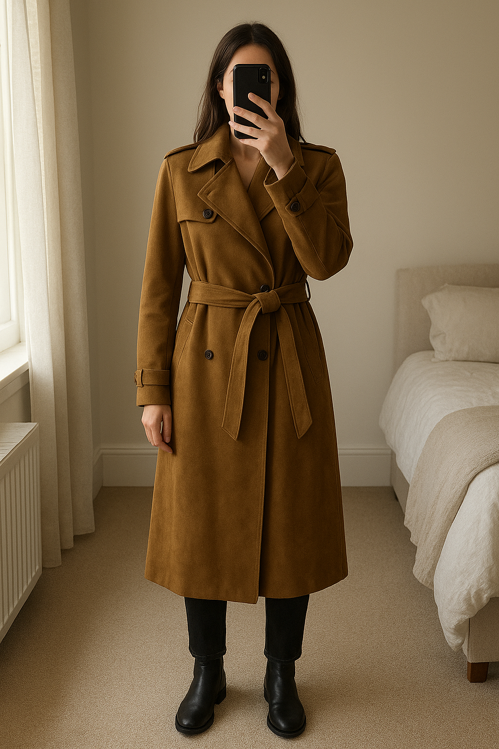 Warehouse Brown trench coat standing straight facing the camera, in a softly lit bedroom setting, with gentle natural light filtering through a window.