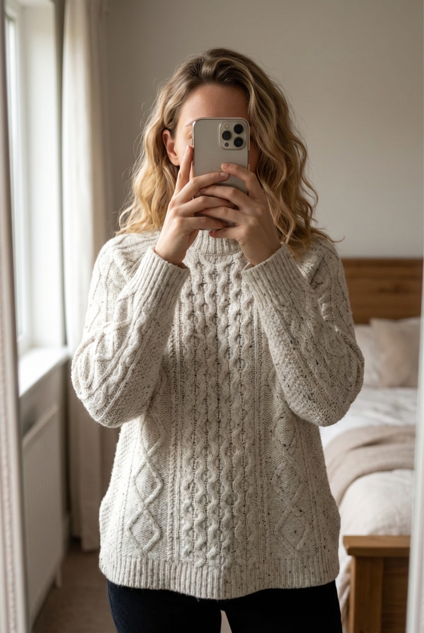 Pull Fait Main Tricot Aran Wool Sweater 80% Laine Blanc Ecru Aran Crafts L debout, face à la caméra, dans une chambre à la lumière douce, avec une lumière naturelle filtrant par la fenêtre.