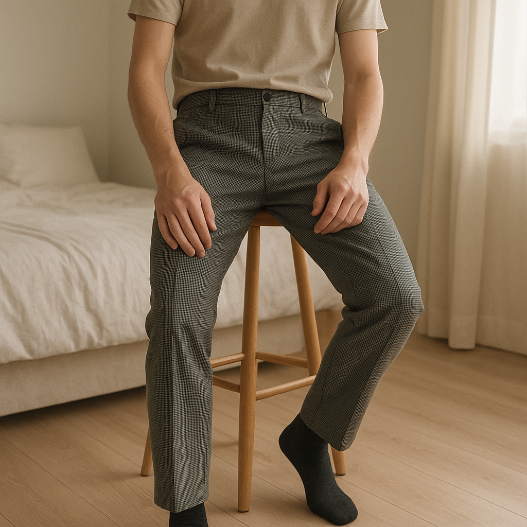 Une personne en Pantalon Zara noir droit assis sur une chaise haute, avec une posture détendue, avec une silhouette fine, dans une chambre à la lumière douce, avec une lumière naturelle filtrant par la fenêtre.