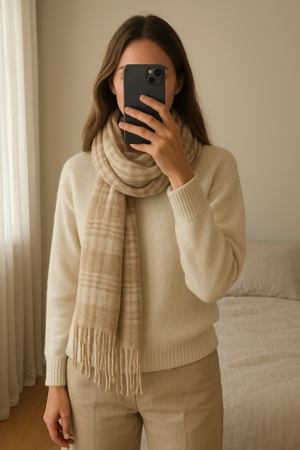 Écharpe beige debout, face à la caméra, dans une chambre à la lumière douce, avec une lumière naturelle filtrant par la fenêtre.