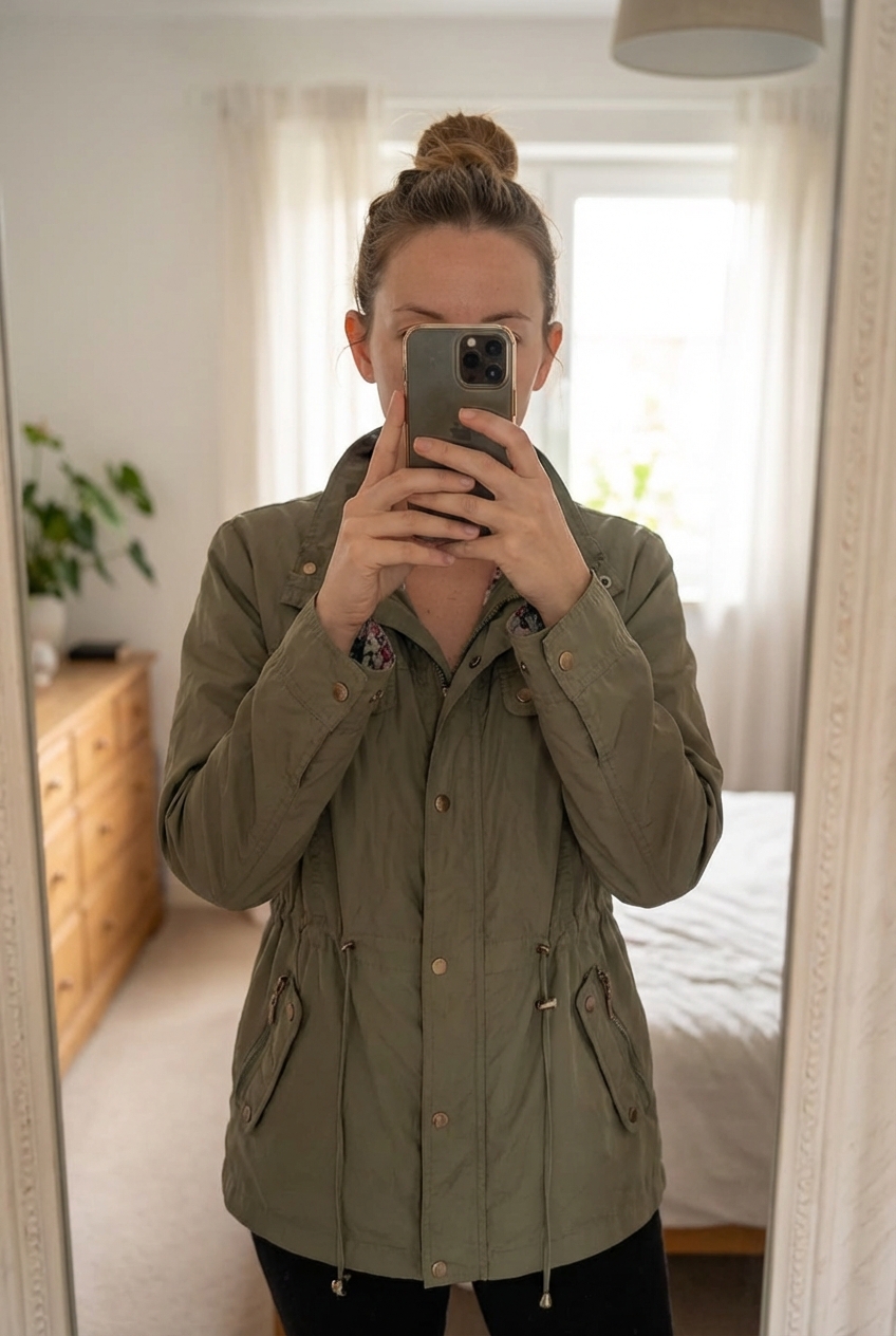 Parka Roberto Bassi Femme! de pie, mirando a la cámara, en un dormitorio con luz suave y natural filtrándose por la ventana.