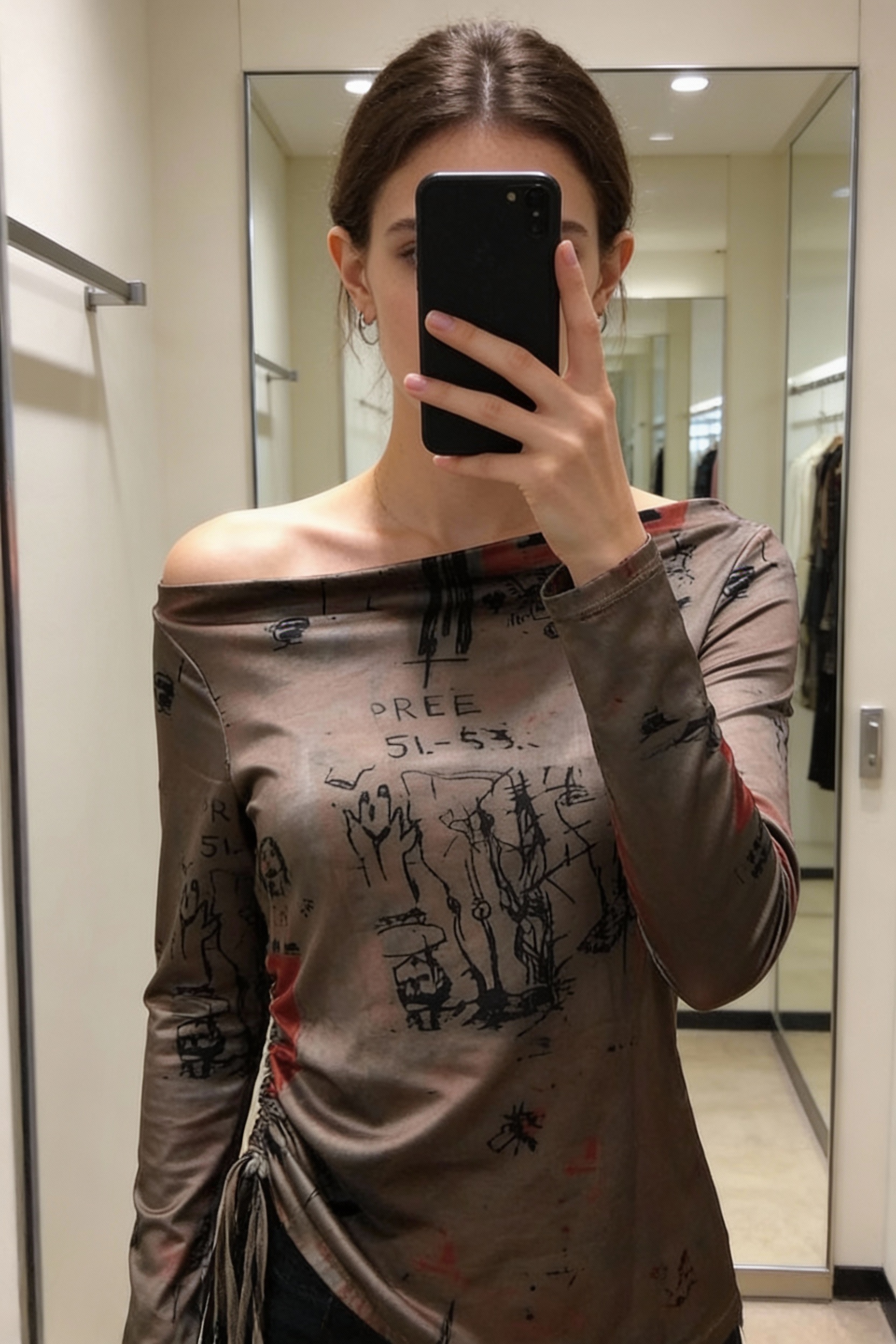 Une personne en Top y2k asymétrique ajustable debout, face à la caméra, dans une cabine d’essayage de style boutique avec un miroir et une décoration neutre.