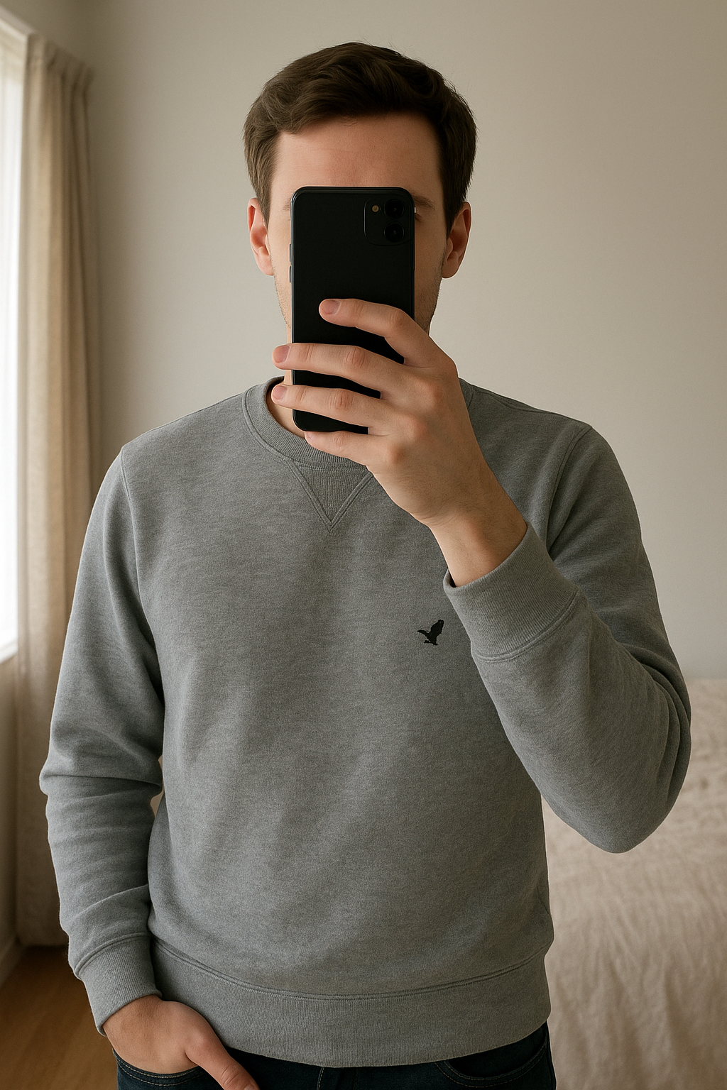 Sweat basique gris Pier One • Logo brodé discret • debout, face à la caméra, dans une chambre à la lumière douce, avec une lumière naturelle filtrant par la fenêtre.