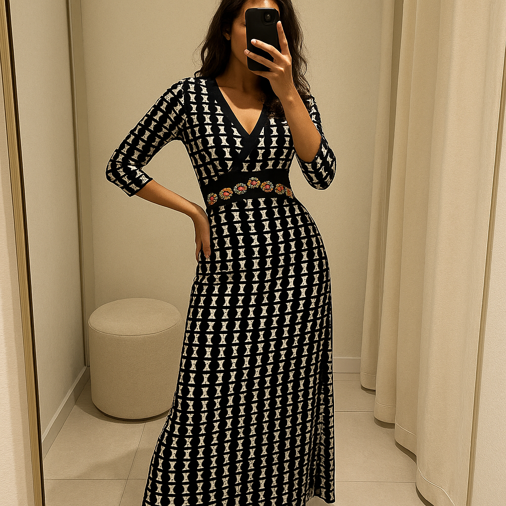 Une personne en Longue robe noire à motifs fleurs Desigual cambrant légèrement le dos pour une pose dynamique, dans une cabine d’essayage de style boutique avec un miroir et une décoration neutre.