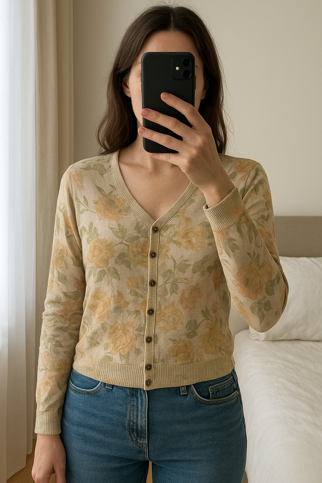 Gilet à pressions debout, face à la caméra, dans une chambre à la lumière douce, avec une lumière naturelle filtrant par la fenêtre.