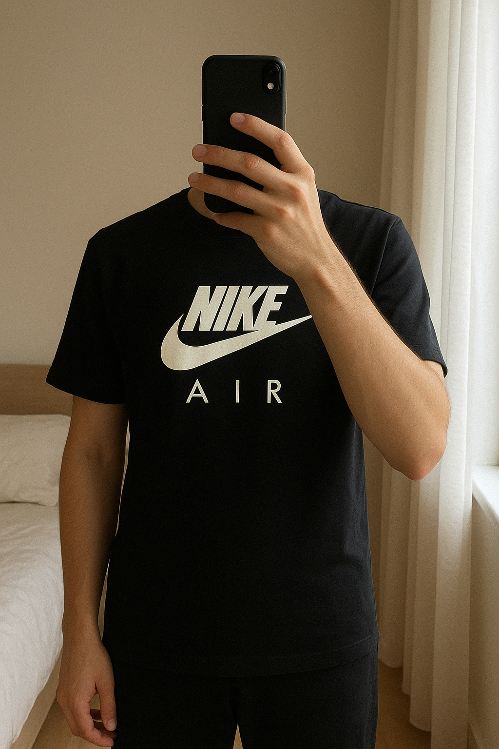 T-shirt NIKE - noir - taille M debout, face à la caméra, dans une chambre à la lumière douce, avec une lumière naturelle filtrant par la fenêtre.