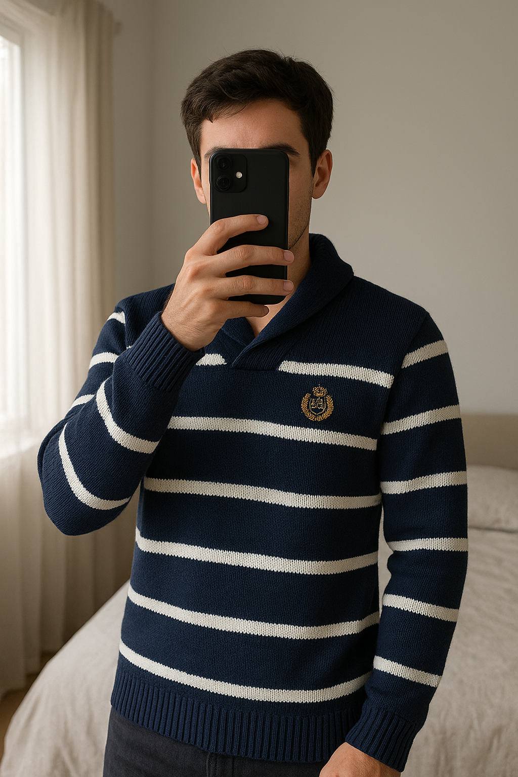 Pull Ralph Lauren bleu à rayures blanches – Taille M (convient aussi à un L) debout, face à la caméra, dans une chambre à la lumière douce, avec une lumière naturelle filtrant par la fenêtre.