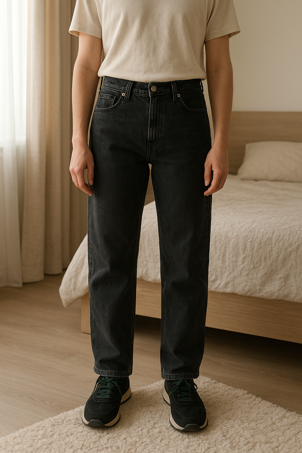 Pant bigboy taille S debout, face à la caméra, dans une chambre à la lumière douce, avec une lumière naturelle filtrant par la fenêtre.
