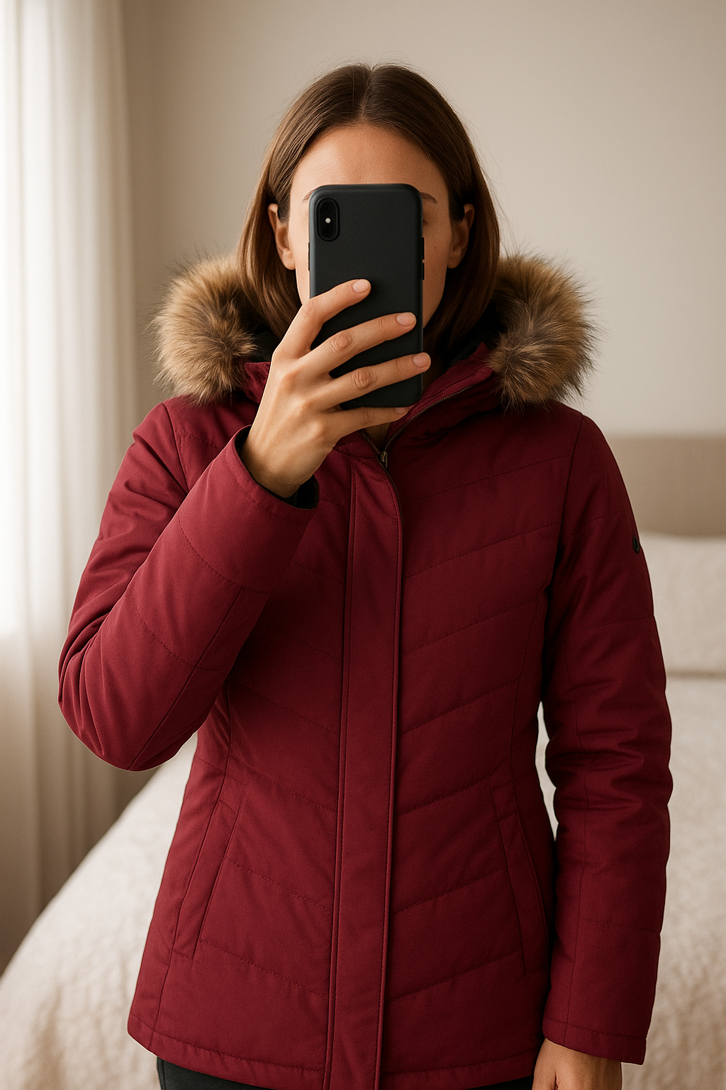 Veste de ski et snowboard Obermeyer taille S bordeaux debout, face à la caméra, dans une chambre à la lumière douce, avec une lumière naturelle filtrant par la fenêtre.