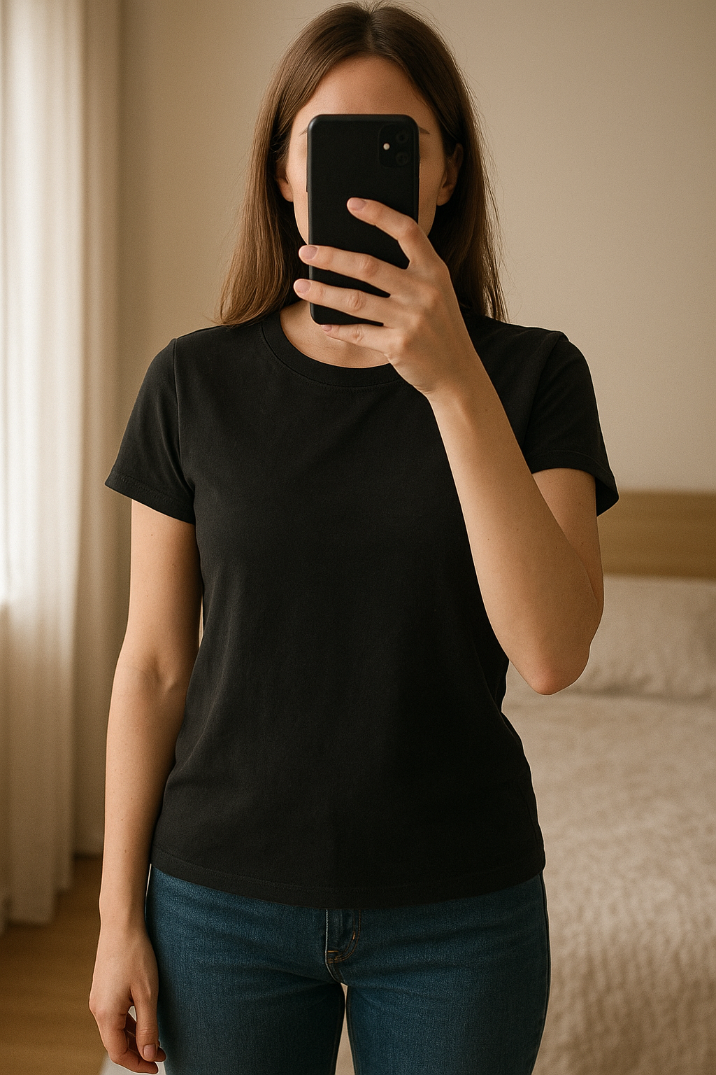 Tee-shirt manche longue noir debout, face à la caméra, dans une chambre à la lumière douce, avec une lumière naturelle filtrant par la fenêtre.