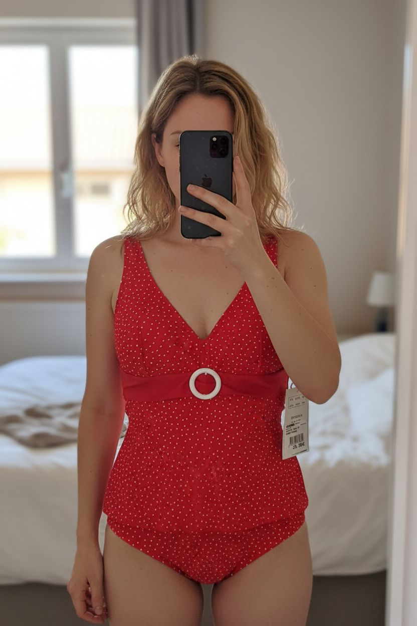 Haut de Tankini debout, face à la caméra, dans une chambre à la lumière douce, avec une lumière naturelle filtrant par la fenêtre.