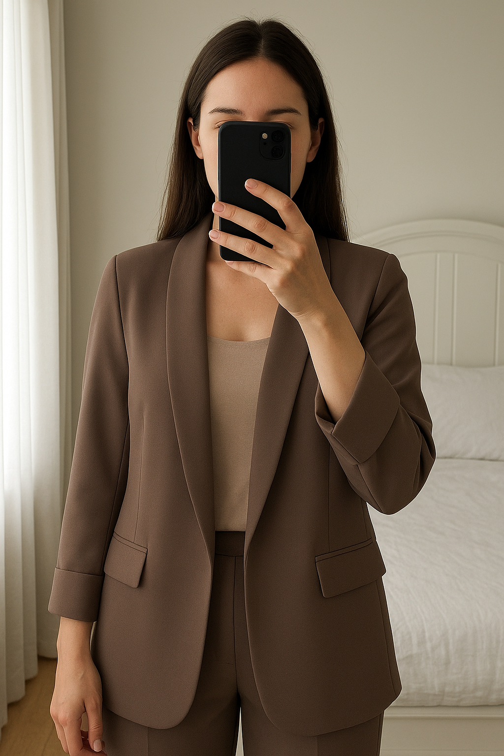 Blazer taille M femme debout, face à la caméra, dans une chambre à la lumière douce, avec une lumière naturelle filtrant par la fenêtre.