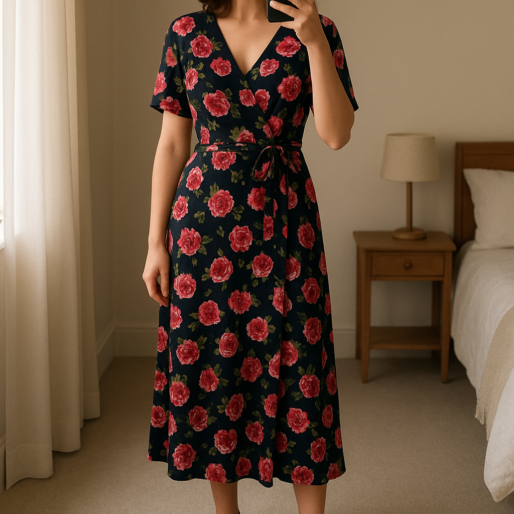 Vibrant summer dress from Watehouse standing straight facing the camera, in a softly lit bedroom setting, with gentle natural light filtering through a window.