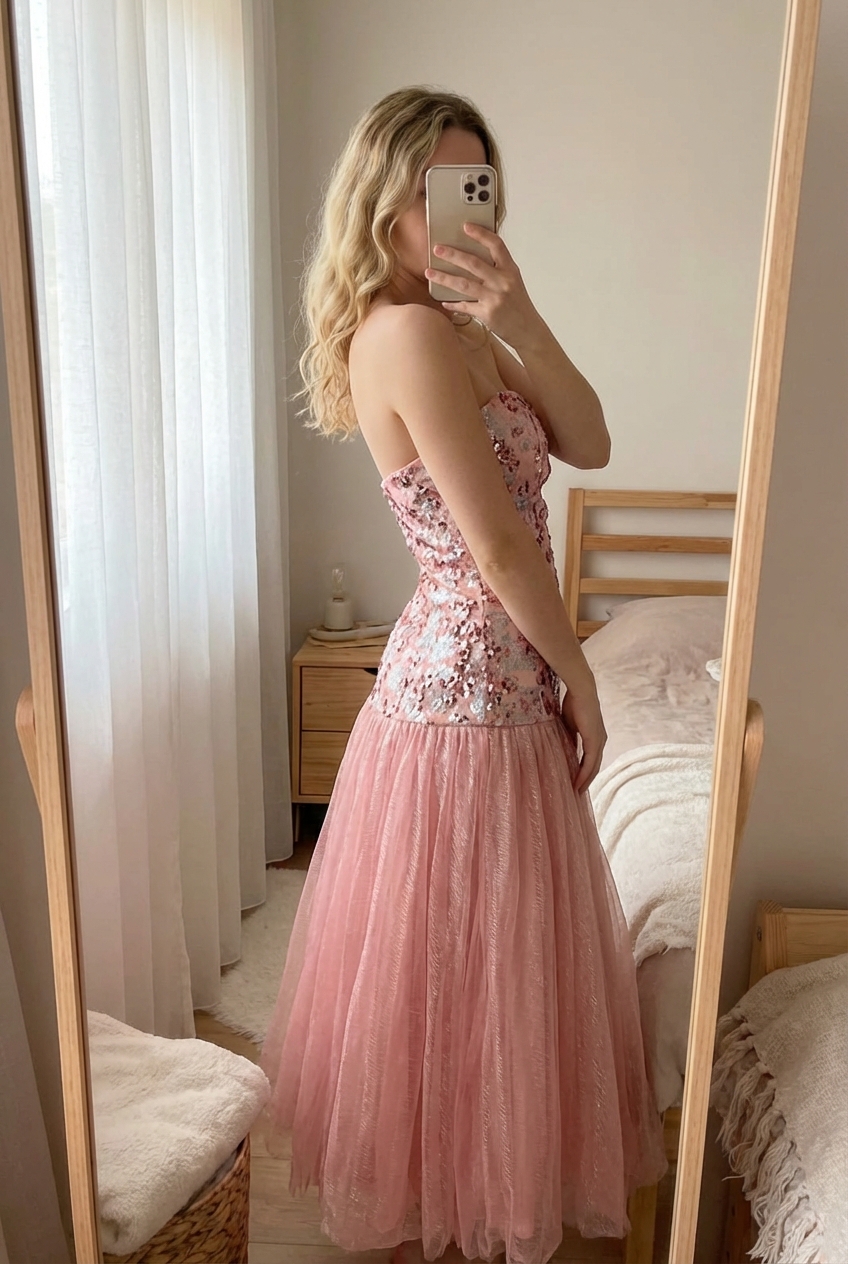 Une personne en Robe de soirée robe de cocktail robe sans manches rose Tailke XL cambrant légèrement le dos pour une pose dynamique, dans une chambre à la lumière douce, avec une lumière naturelle filtrant par la fenêtre.