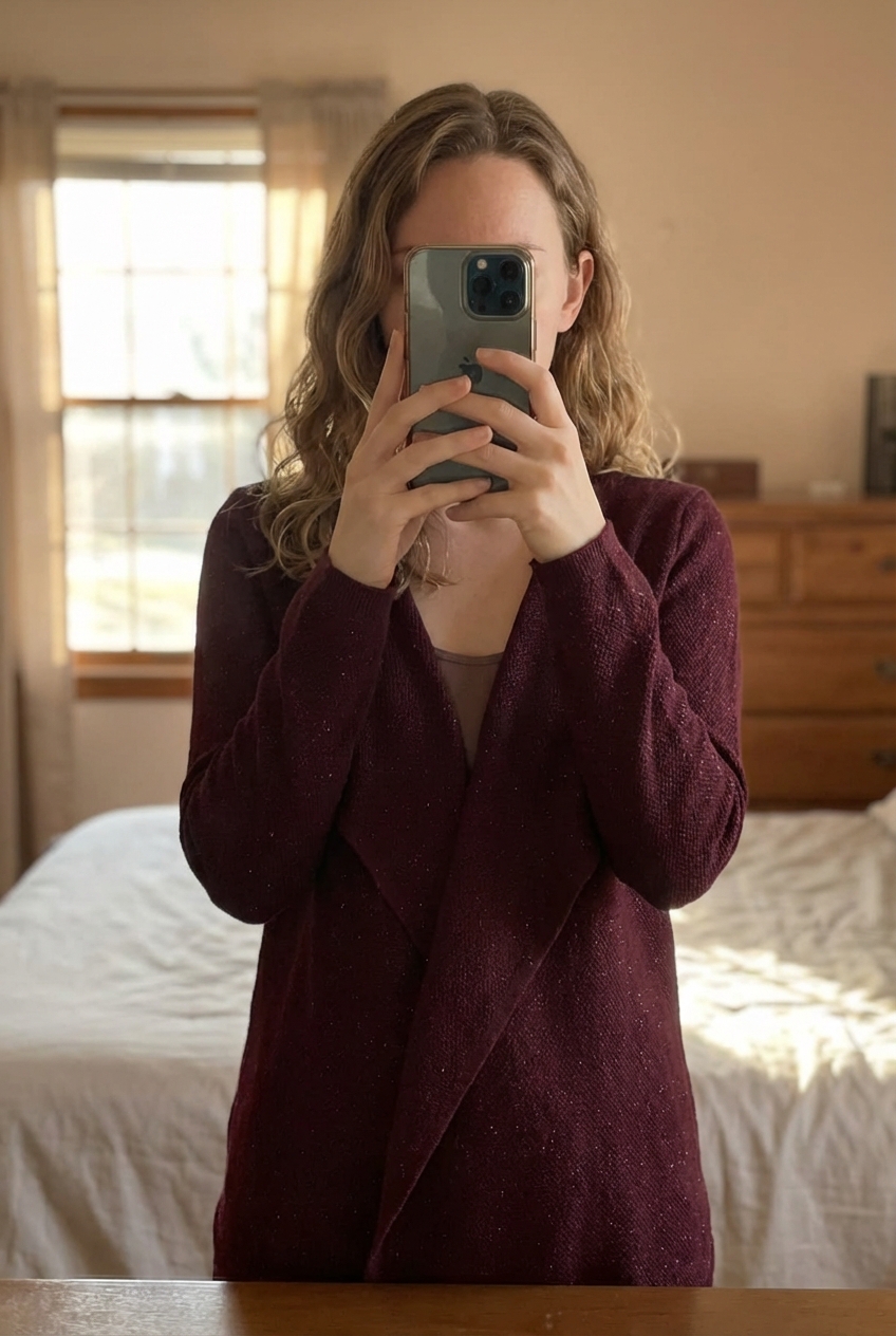 Gilet vintage dressing taille S debout, face à la caméra, dans une chambre à la lumière douce, avec une lumière naturelle filtrant par la fenêtre.