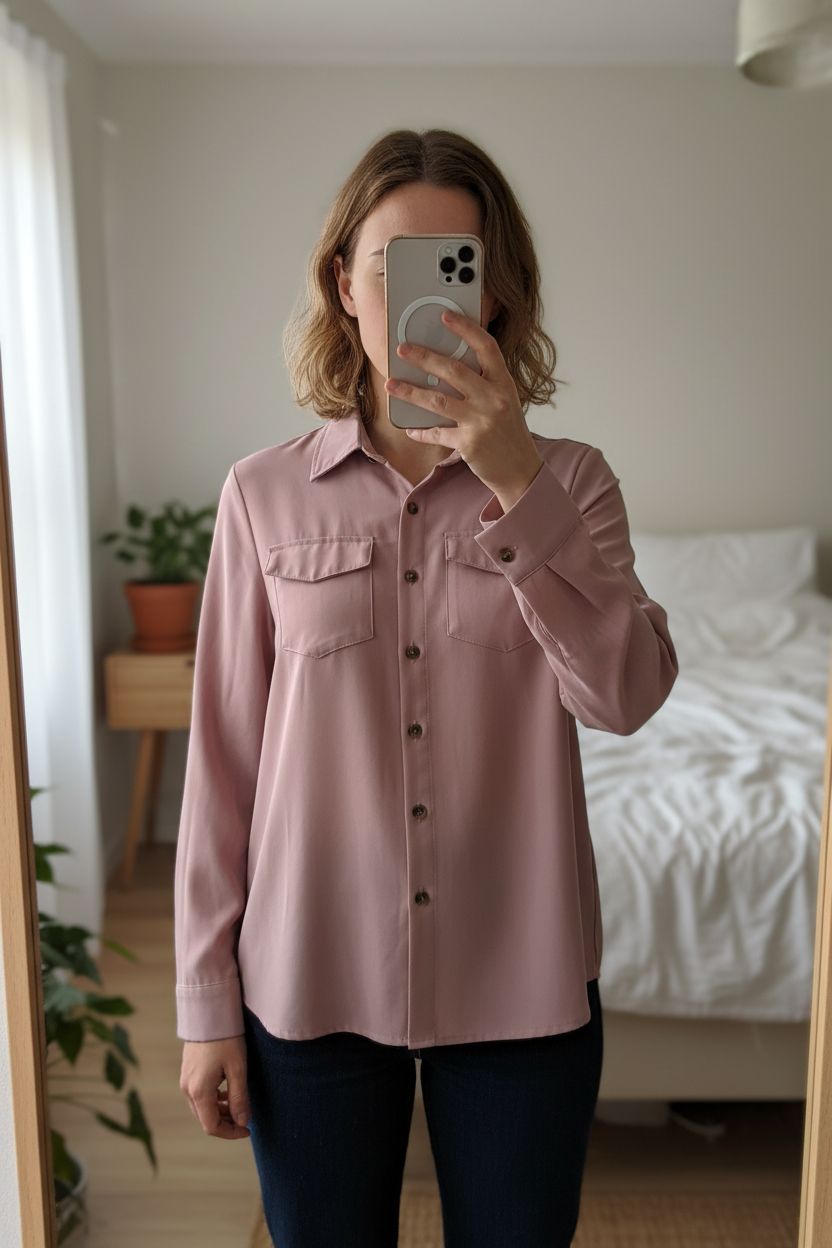 Chemise rose femme M - Camicia donna M in piedi, rivolto verso la fotocamera, in una camera da letto con luce soffusa e luce naturale che filtra dalla finestra.