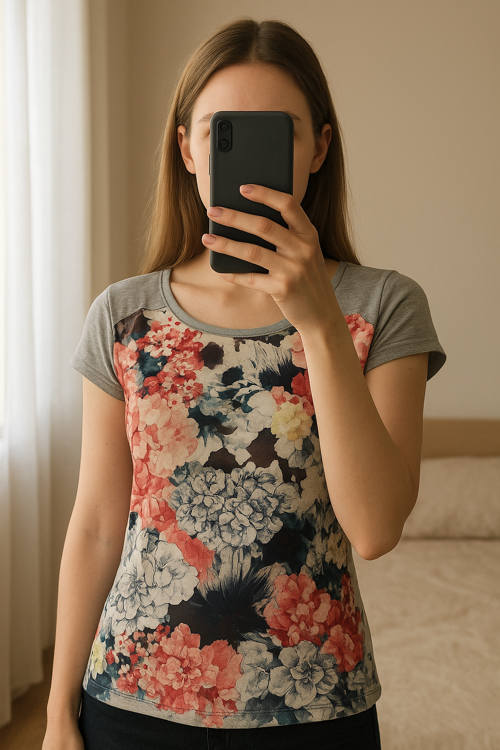 Floral casual top from Only size 36/10 standing straight facing the camera, in a softly lit bedroom setting, with gentle natural light filtering through a window.