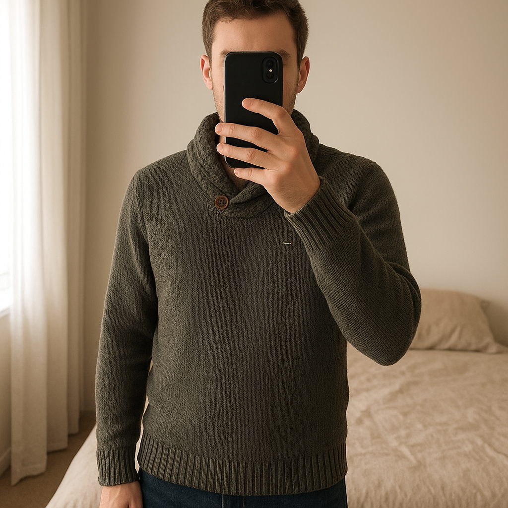 Pull Col Châle 100% Coton Tommy Hilfiger Kaki S debout, face à la caméra, dans une chambre à la lumière douce, avec une lumière naturelle filtrant par la fenêtre.