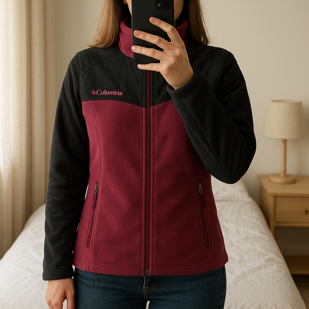 Polaire columbia debout, face à la caméra, dans une chambre à la lumière douce, avec une lumière naturelle filtrant par la fenêtre.