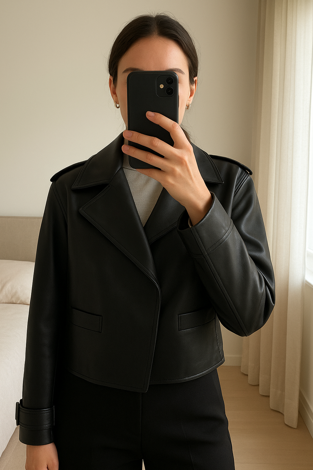 Stefanel Leather Jacket de pie, mirando a la cámara, en un dormitorio con luz suave y natural filtrándose por la ventana.