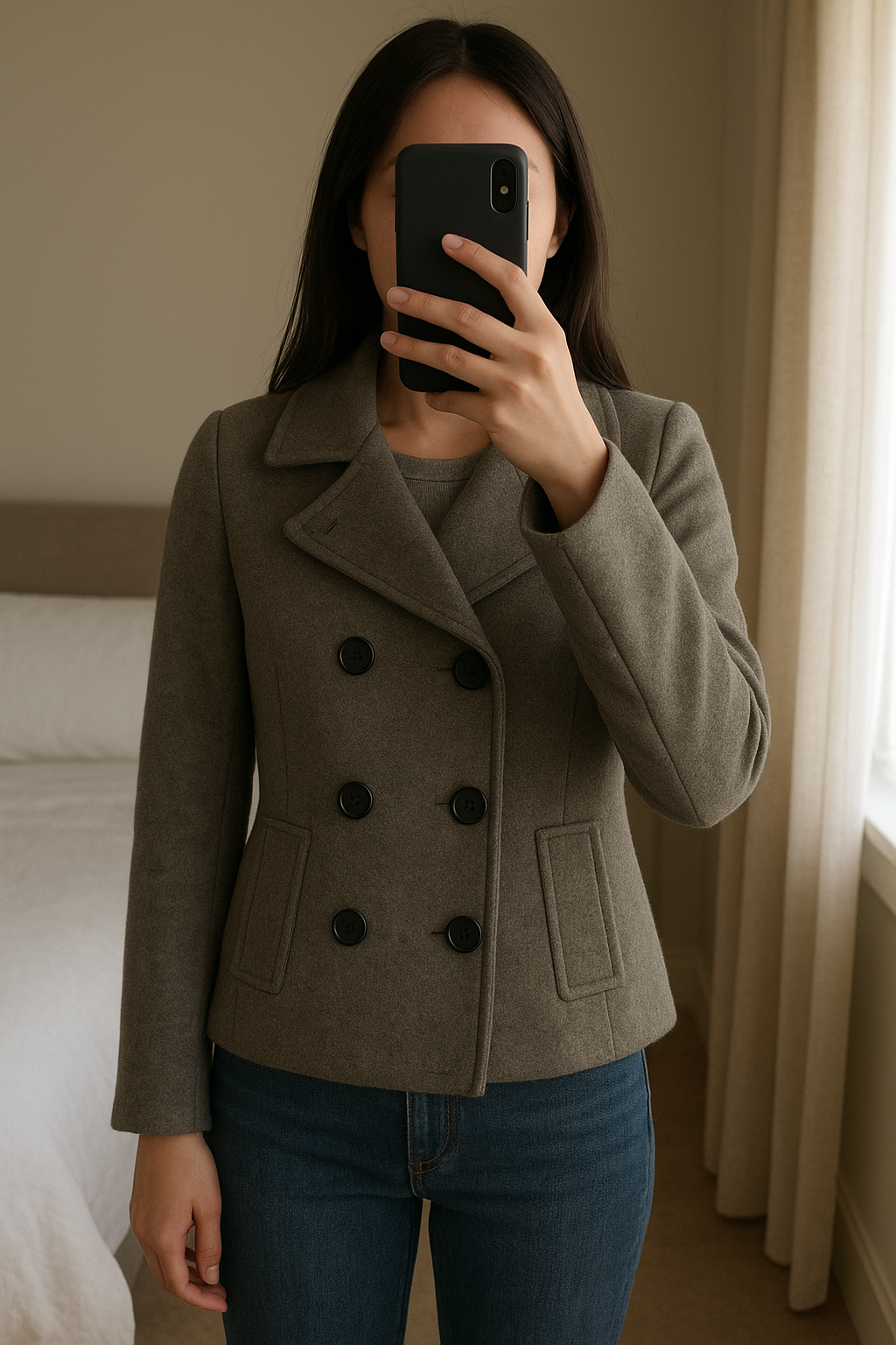 Manteau debout, face à la caméra, dans une chambre à la lumière douce, avec une lumière naturelle filtrant par la fenêtre.