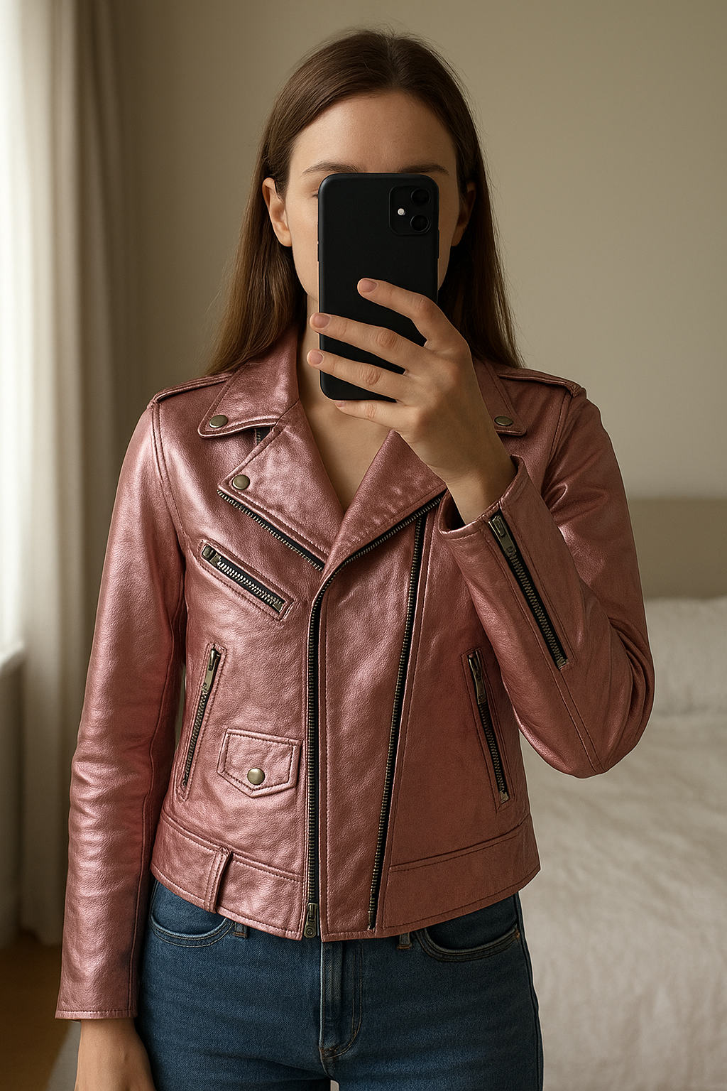 Veste perfecto rose brillant simili cuir Mango T.M debout, face à la caméra, dans une chambre à la lumière douce, avec une lumière naturelle filtrant par la fenêtre.