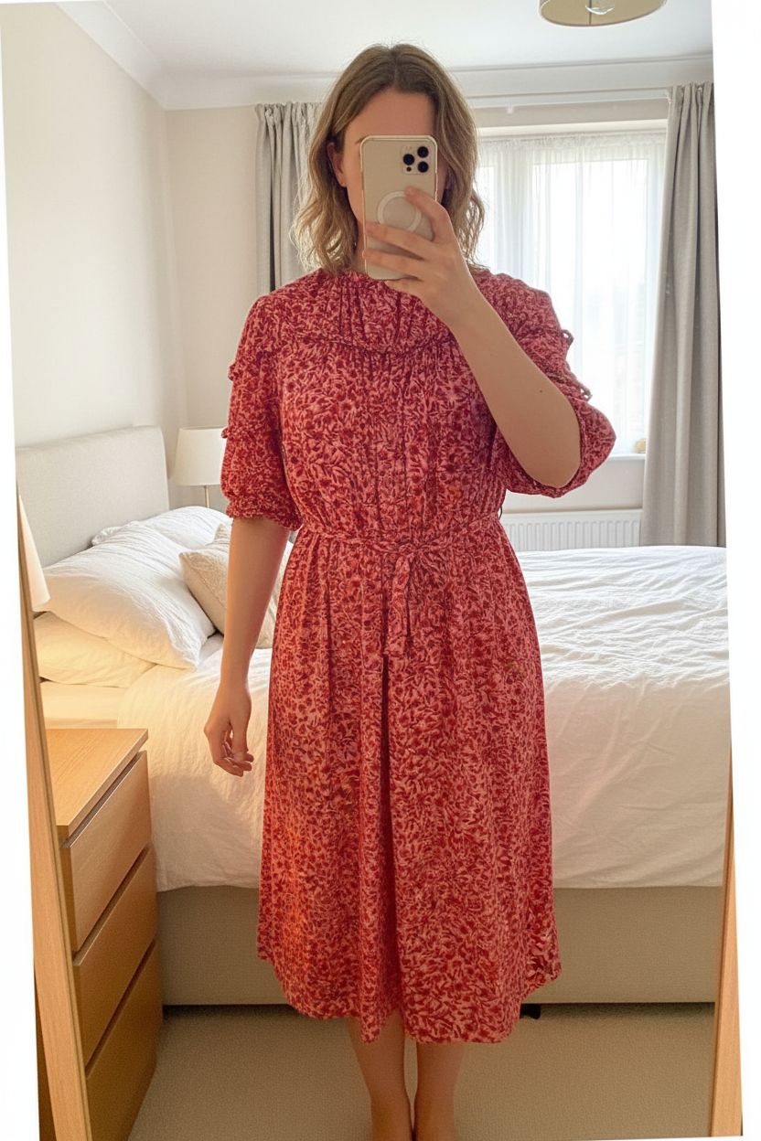 Boden pink red floral midi dress UK14 puff sleeves ruffle tie waist cottagecore feminine valentines standing straight facing the camera, in a softly lit bedroom setting, with gentle natural light filtering through a window.