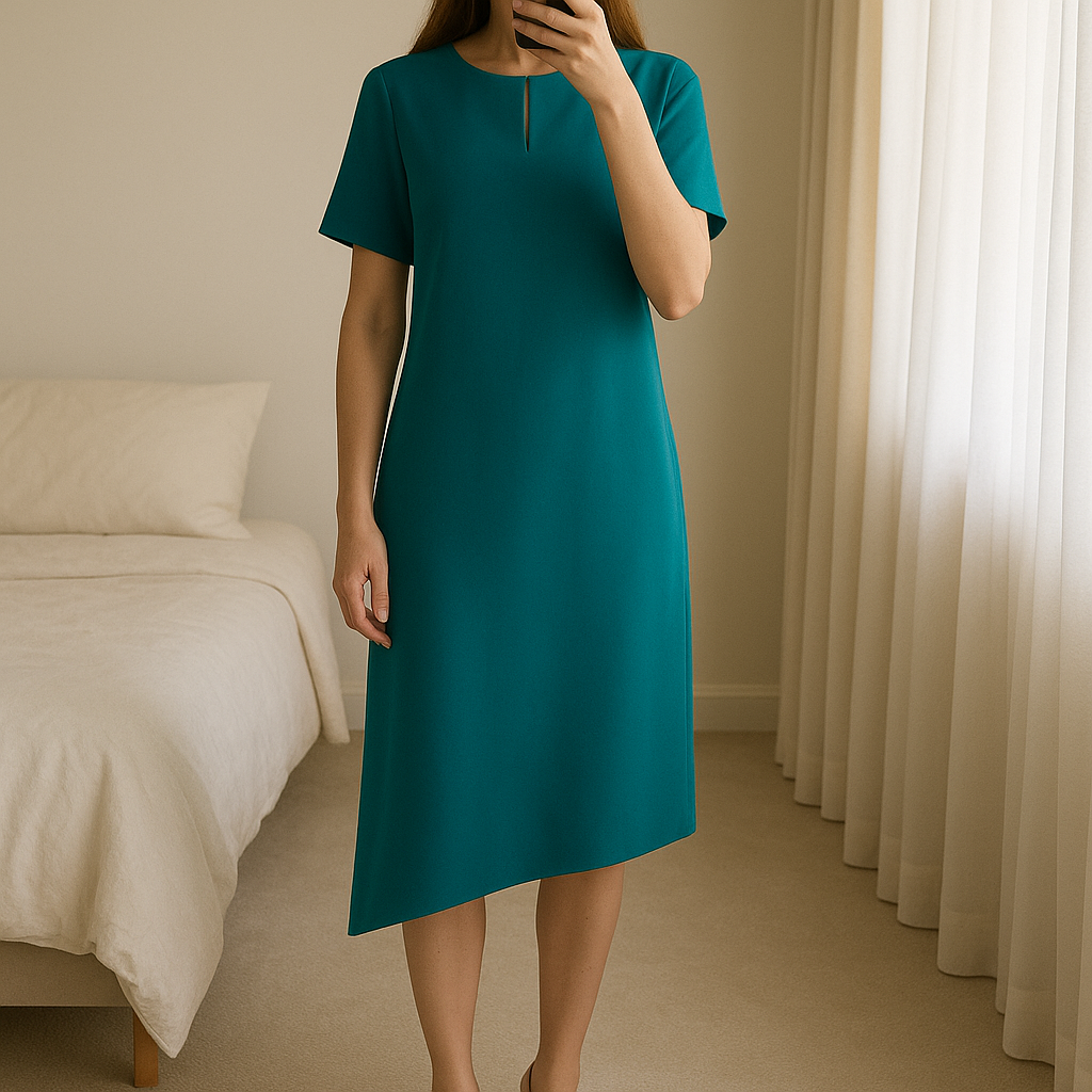 Whistles dress standing straight facing the camera, in a softly lit bedroom setting, with gentle natural light filtering through a window.