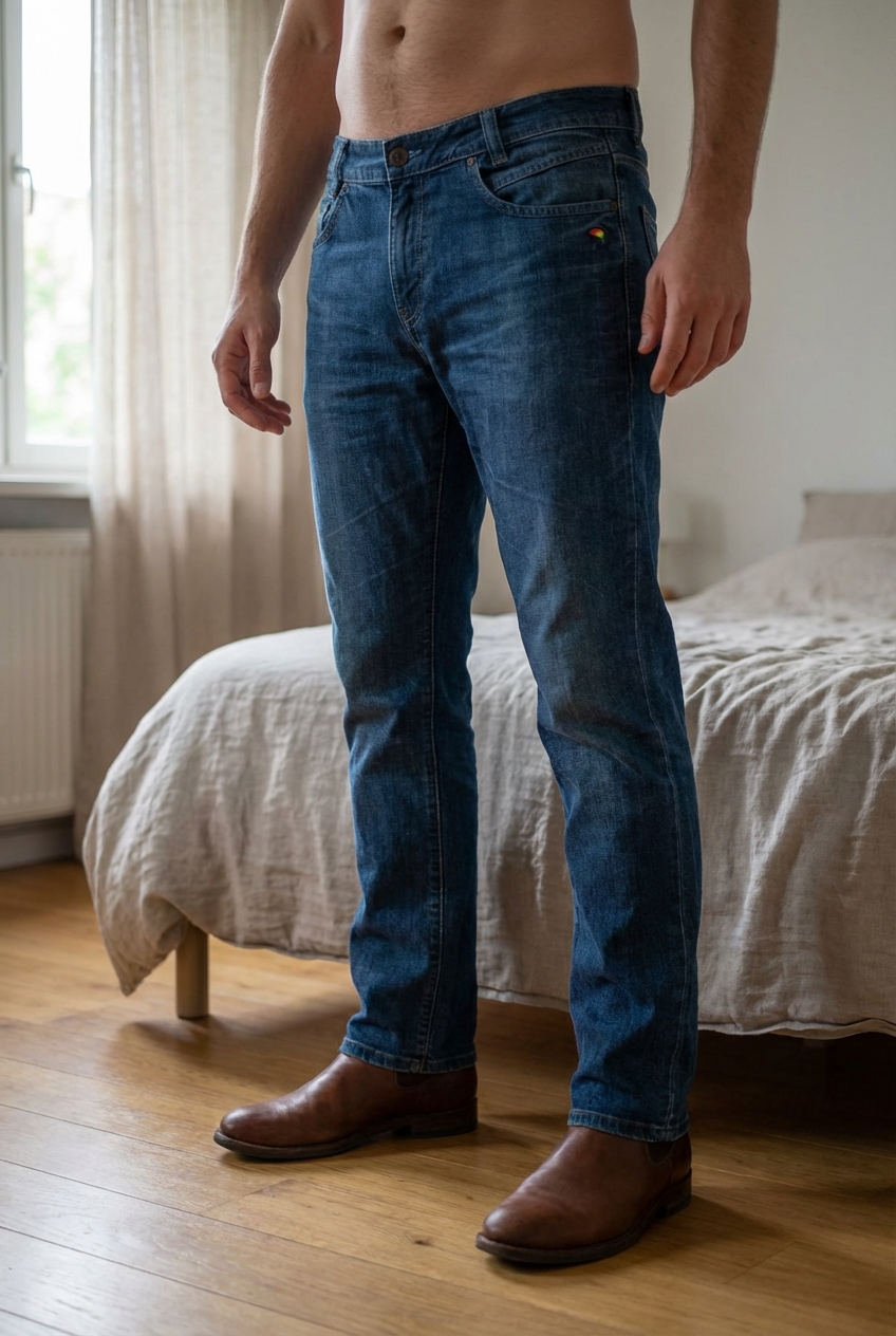 JEANS - Arnold Palmer debout, face à la caméra, dans une chambre à la lumière douce, avec une lumière naturelle filtrant par la fenêtre.