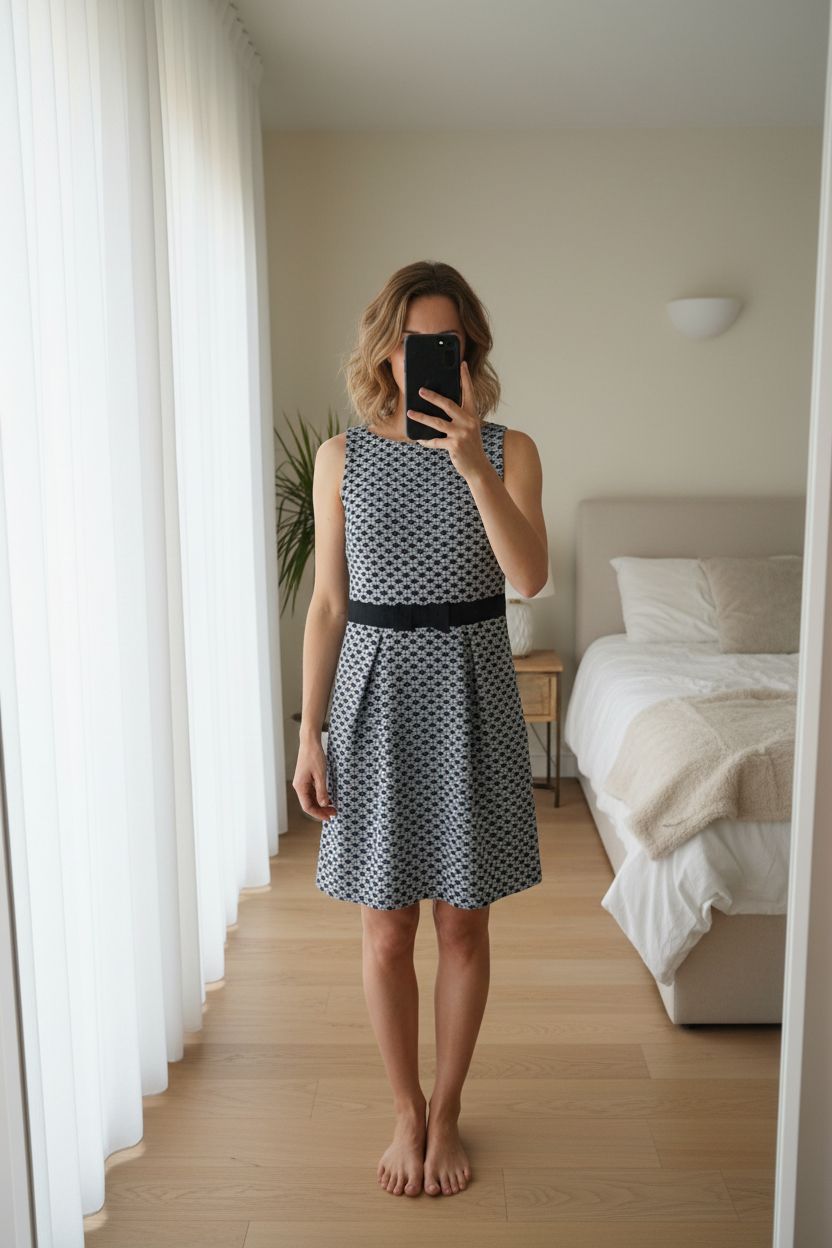 Robe automne hiver debout, face à la caméra, dans une chambre à la lumière douce, avec une lumière naturelle filtrant par la fenêtre.