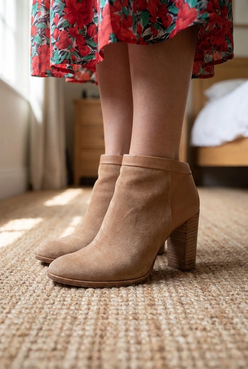 Bottines | LowBoots talon #ComptoirDesCotonniers debout, face à la caméra, dans une chambre à la lumière douce, avec une lumière naturelle filtrant par la fenêtre.