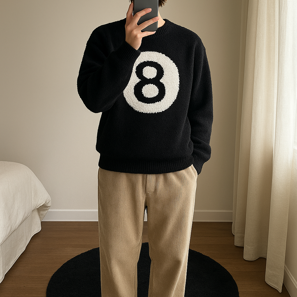 Tapis boule de billard Stussy debout, face à la caméra, dans une chambre à la lumière douce, avec une lumière naturelle filtrant par la fenêtre.