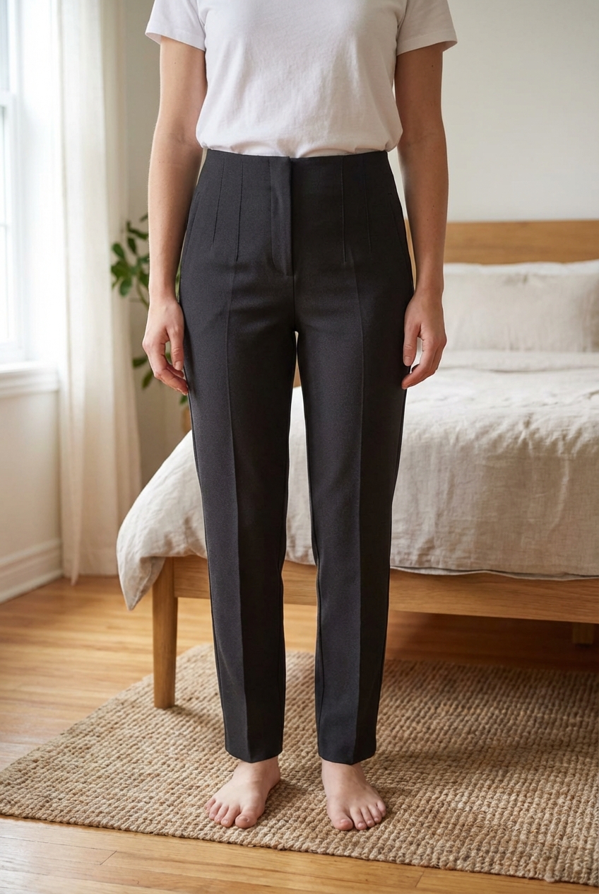 🖤 Pantalon Kiabi noir coupe droite debout, face à la caméra, dans une chambre à la lumière douce, avec une lumière naturelle filtrant par la fenêtre.